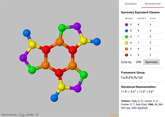 Figure 2: Symmetry Information for the benzotrifuroxan molecule, with atoms colored by symmetry equivalency.